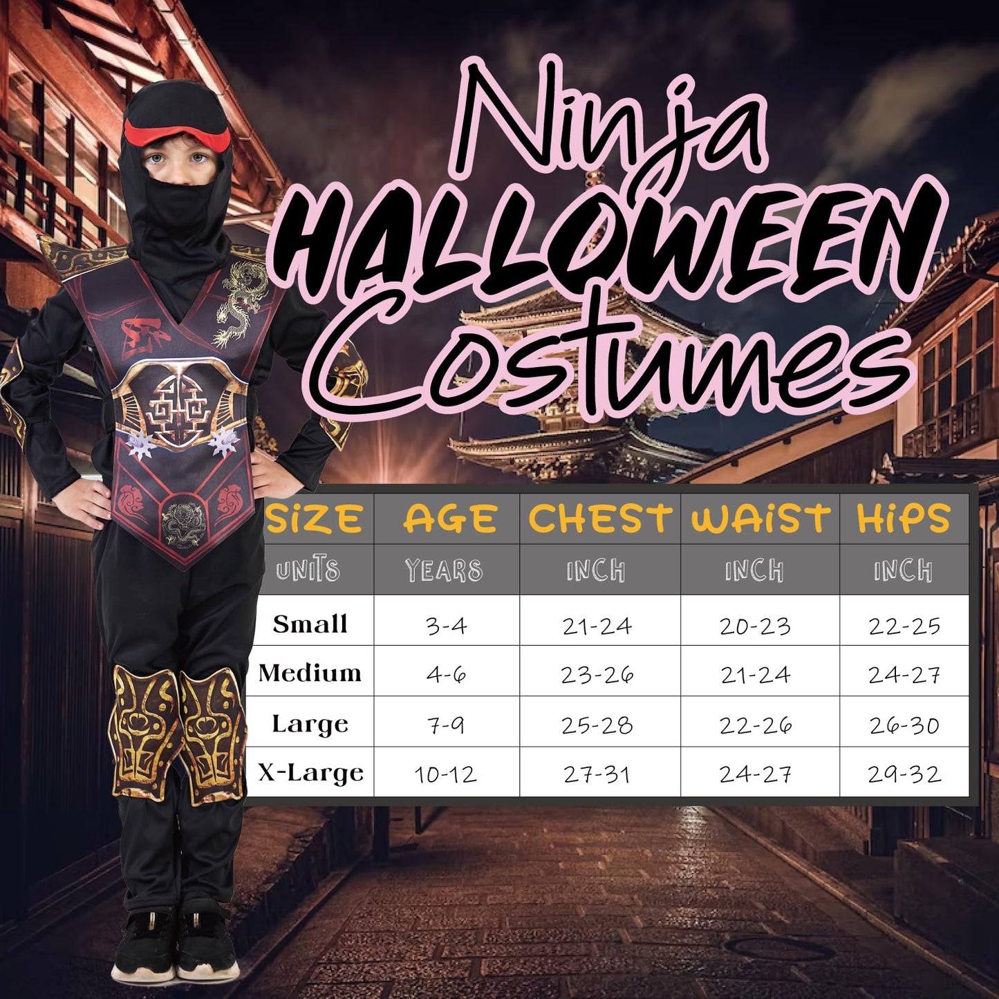 Disfraz infantil de ninja para Halloween, disfraz de dragón ninja, músculos, disfraz de carnaval (negro, 10-12 años)