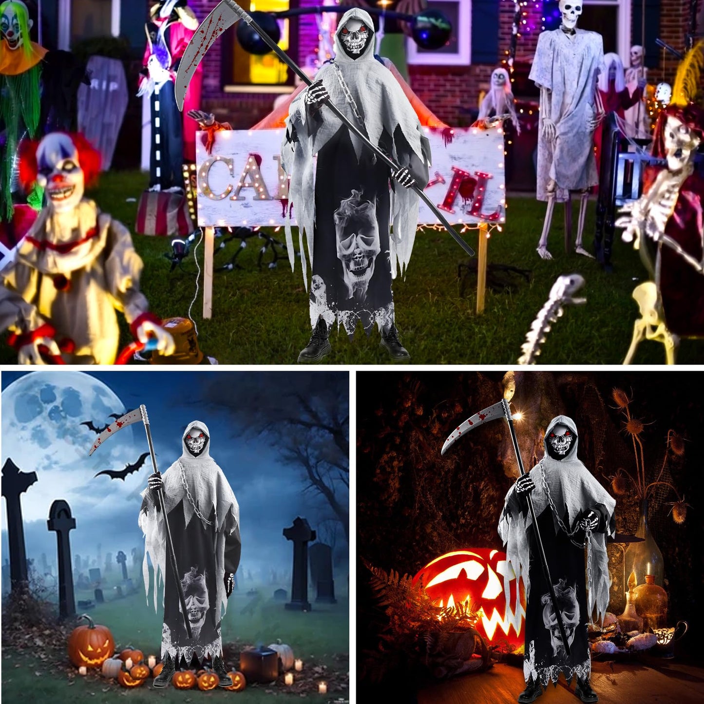 Disfraz de Parca, Muerte Niño, Halloween, Fantasma, Grim Reaper Con Sombrero, Guantes, Hoz, Guadaña para Carnaval Costume Cosplay