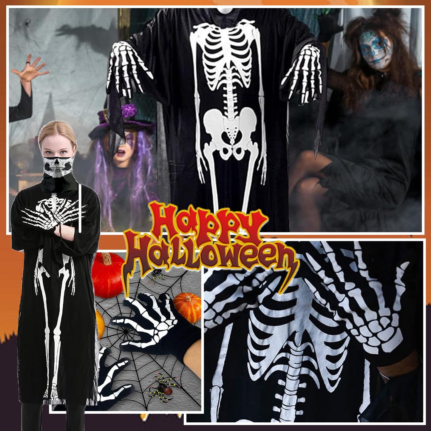 Disfraz con Guantes y Máscara Disfraz Esqueleto Mujer Terror disfrazs halloween hombre Ligero para Carnavales Casas Embrujadas Obras Teatro Cosplay Accesorios Fotografía