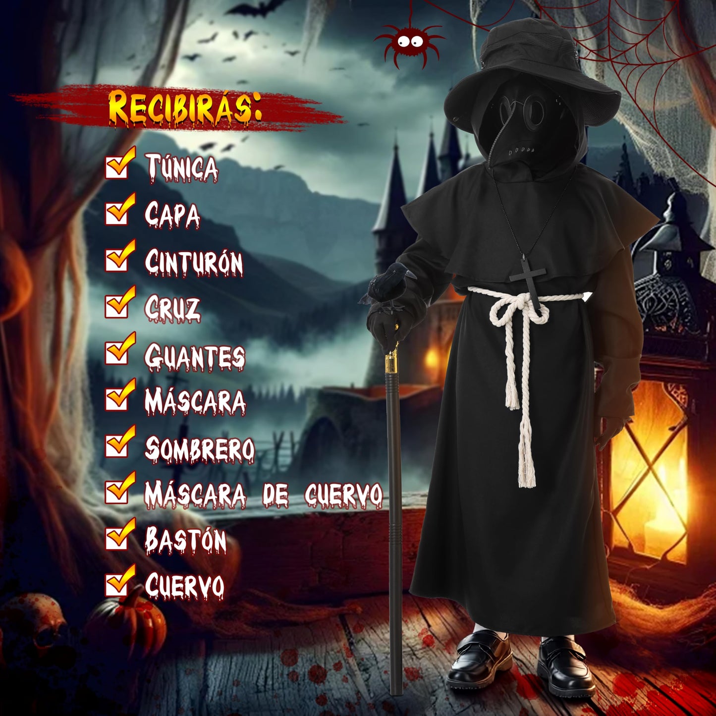 Disfraz Médico de la Peste para Niños, Medieval Plague Doctor Costume con Mascara de la Peste Negra, Disfraz de Halloween Carnaval Cosplay (150cm)