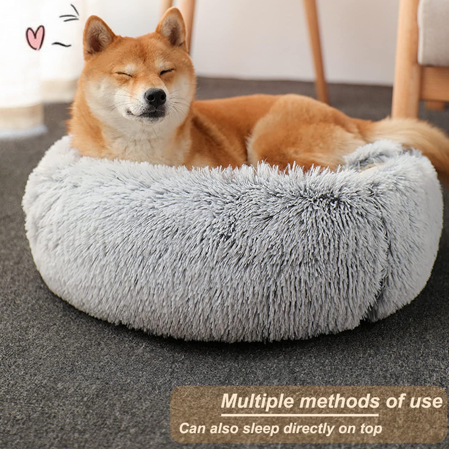 Cama de felpa calmante para gatos y perros en forma de dónut. Cojín cálido y suave con cómoda esponja, parte inferior antideslizante. Para mascotas pequeñas y medianas, para interiores (65 cm, gris)
