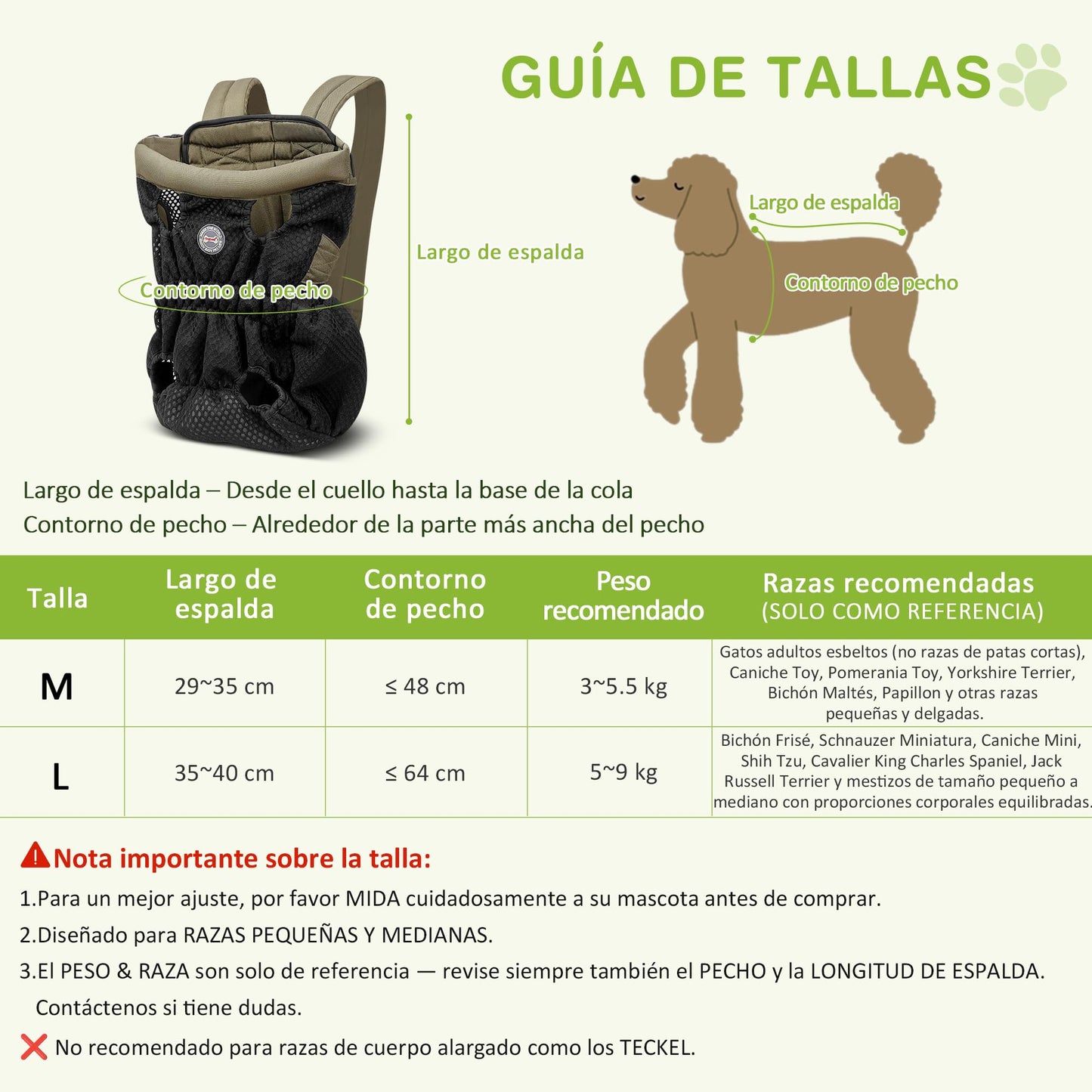 ALLSOPETS Mochila para Perros Pequeños y Medianos – Transportín Perro Ligero, Transpirable y Cómodo con Gancho de Seguridad, Manos Libres para Viaje Senderismo Exterior (Verde Oliva, M)