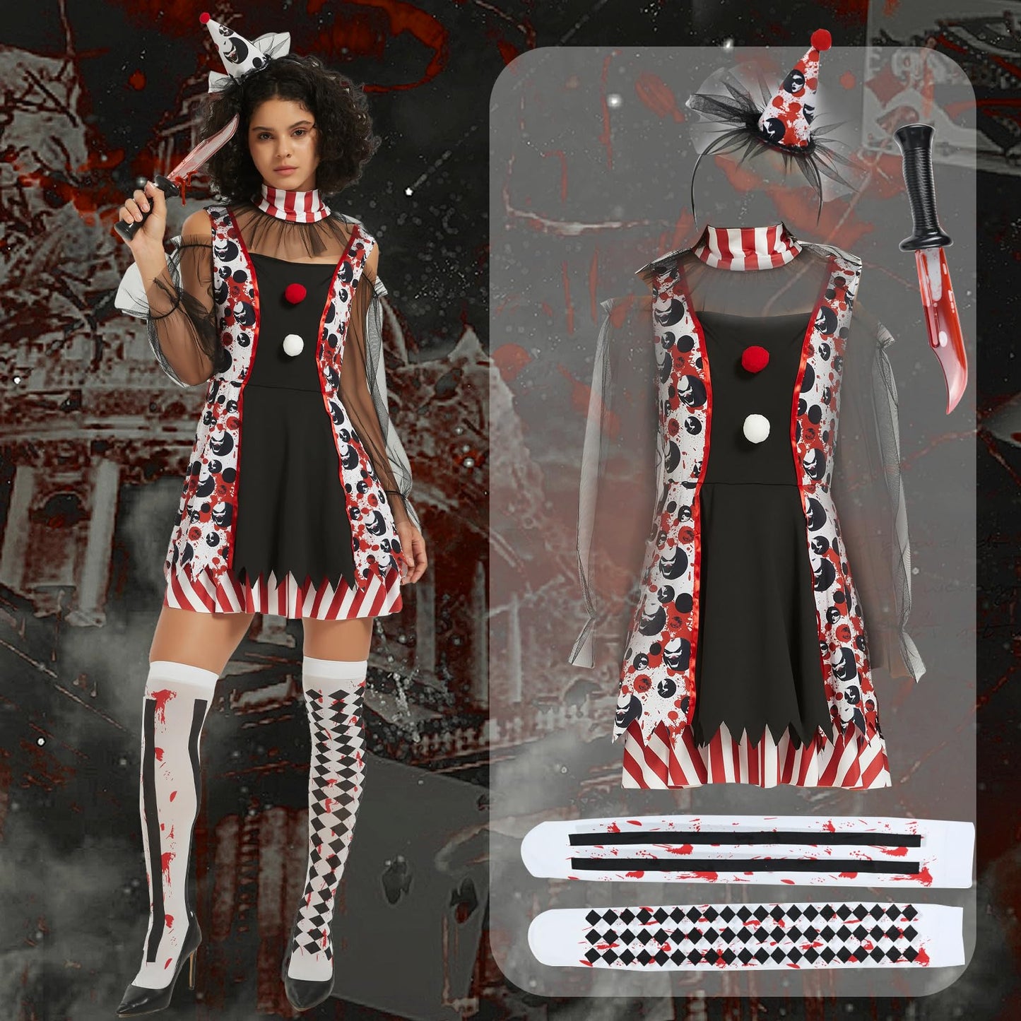 Disfraz de Payaso Mujer, Disfraces de Arlequín de Terror, Payaso Plim Plim Vestido, de Miedo, Disfraz para Adultos Accesorios para Fiestas, Temas de Cosplay, Carnaval (Einteilige, M)