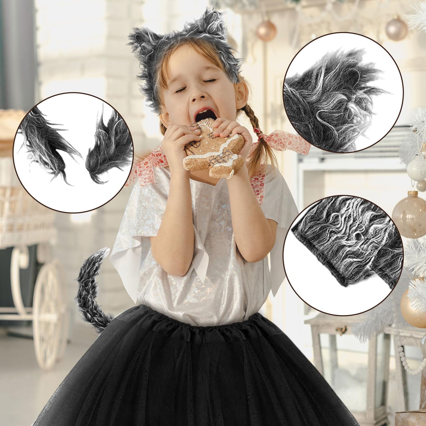 UILYNIU 5 Piezas Accessori Costume da Lupo Bambino Orecchie da Lupo Coda di Lupo Falda Tutú Guantes Grigio Lupo Costume Peloso Lupo Cosplay Costume Animale per Cosplay Halloween Festa (5 Piezas)