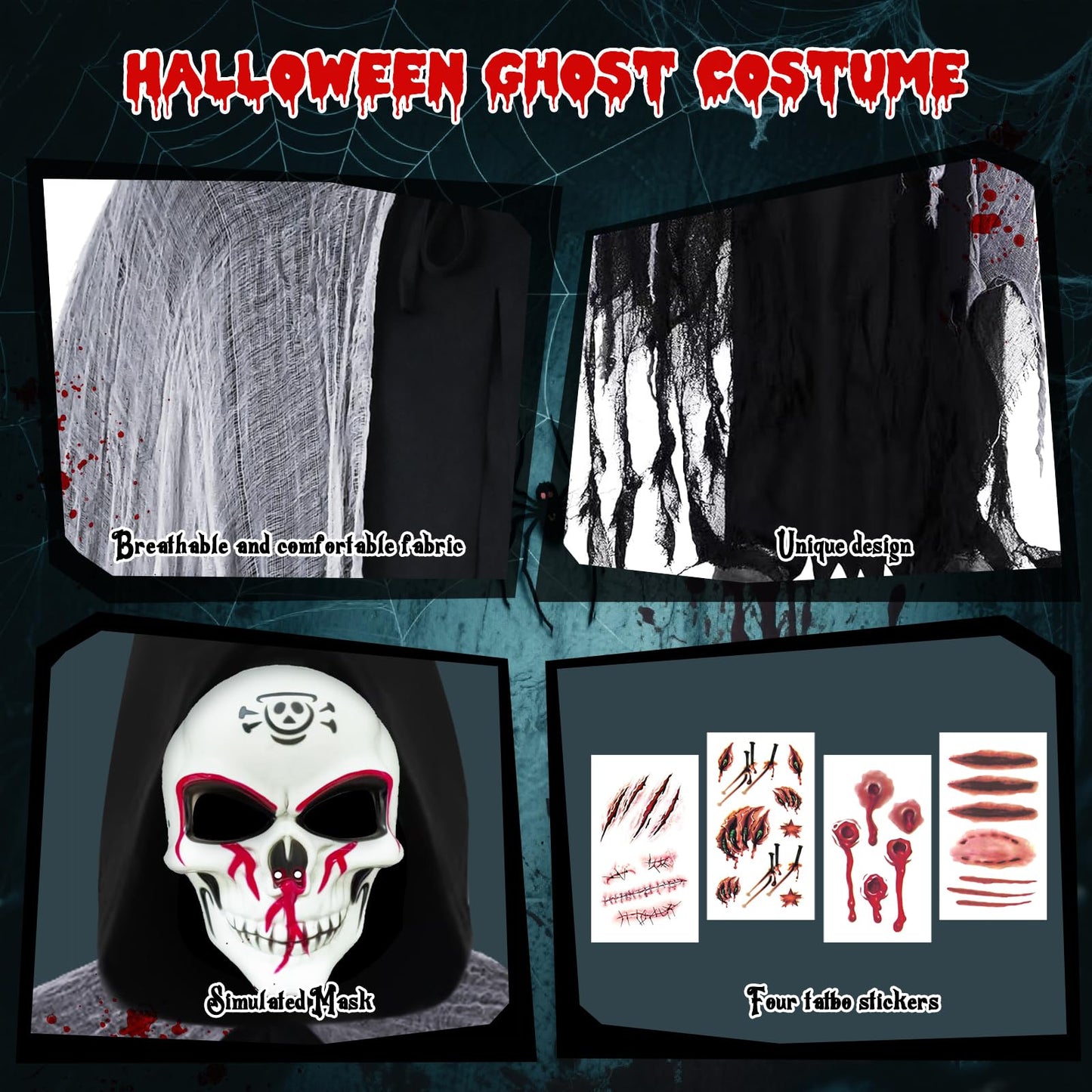 Disfraz de Parca para Hombre, Costume da Fantasma per Halloween con Máscara y Pegatinas, Disfraz Miedo Adulto Nero, Costume Espeluznante per Halloween, Carnevale, Festa di Hallowee,Cosplay