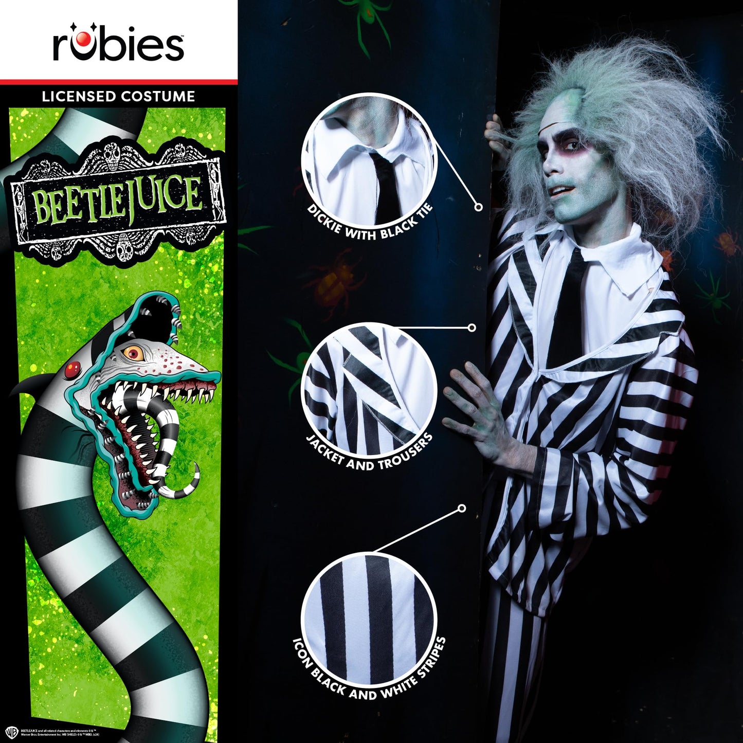 Disfraz Beetlejuice para hombre, Traje completo con chaqueta, pantalón y corbata, Licencia Oficial Beetlejuice, Talla Estándar, Terror, Tim Burton para Halloween, Carnaval, Fiestas y Cosplay