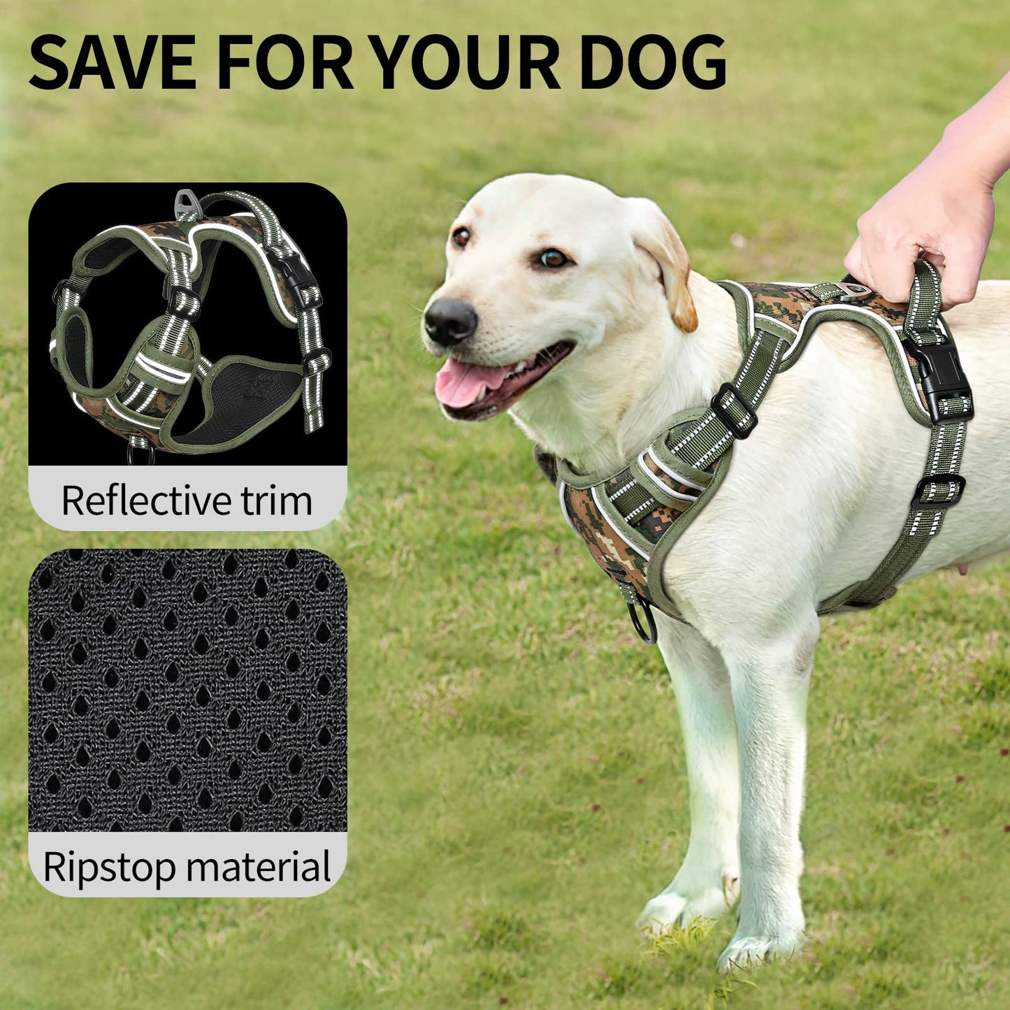Arnés para Perro Tipo Chaleco Transpirable Acolchado Ajustable Antitirones Reflectante Arnes Perro Grande para Adiestramiento Correr, Camuflaje Verde, XL