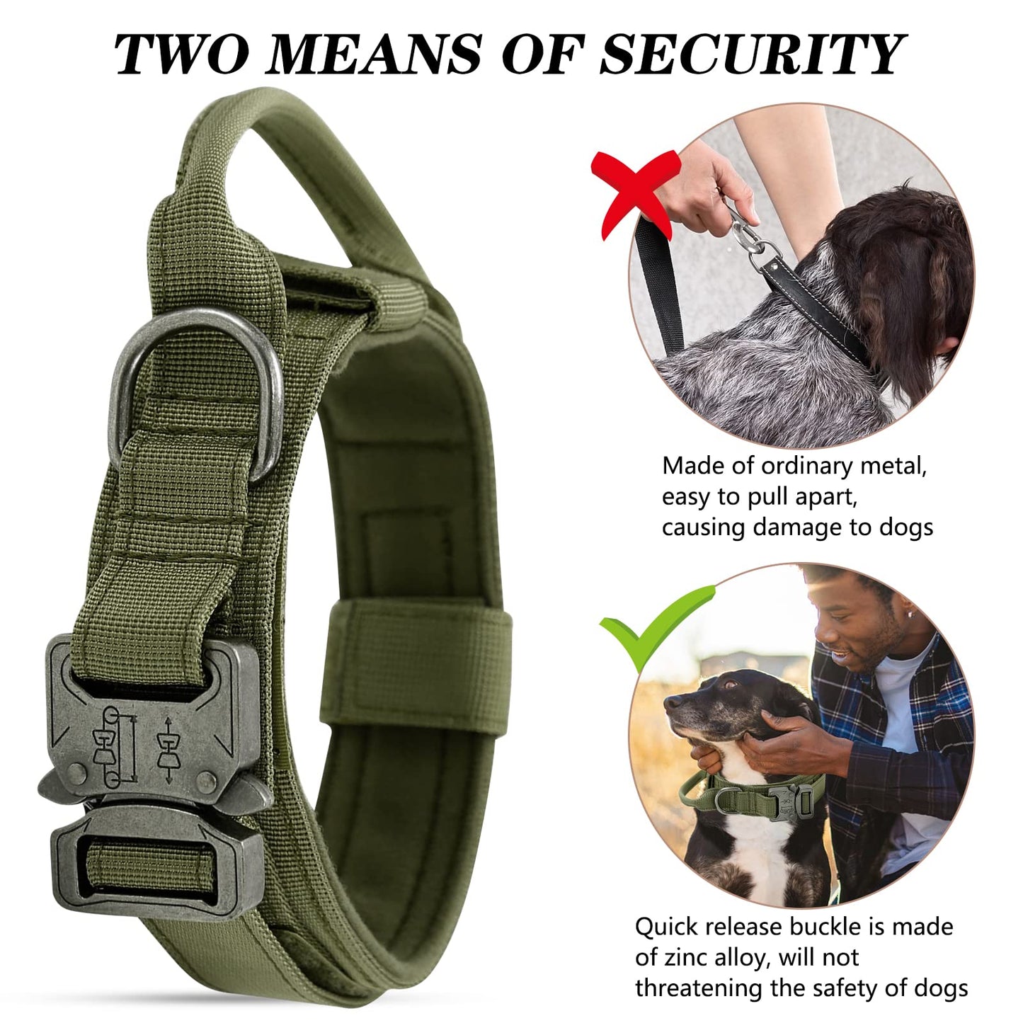 Collares Tácticos para Perros, Ajustable Collar de Nailon con Hebilla de Metal, Antidesgaste Tácticos al Aire Libre Collares con Mango de Control para Perros de Tamaño(L, Verde Militar)