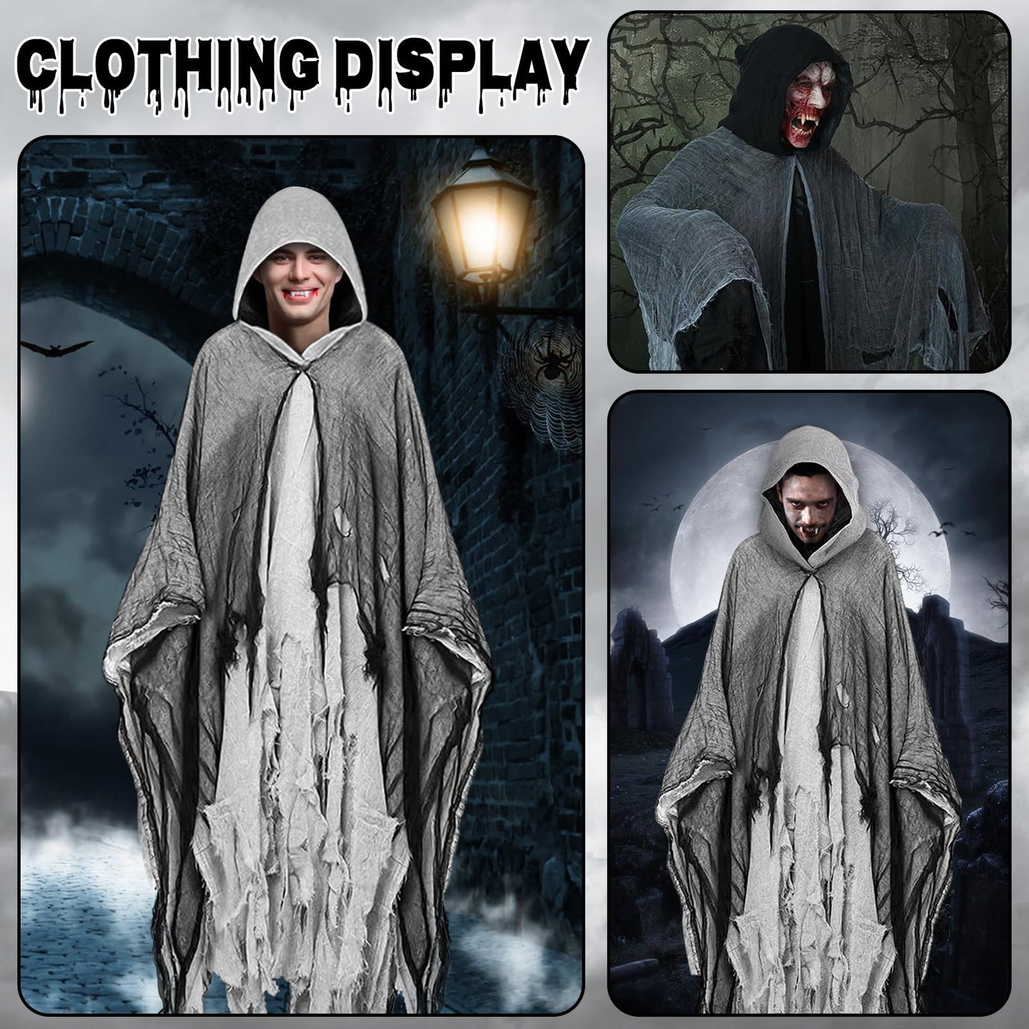 Disfraz Halloween Hombre Terror: Fantasma Costume Halloween Capa con Capucha - Disfraz Grim Reaper Bruja Fantasma para Adulto Hombre Mujer (Gris)
