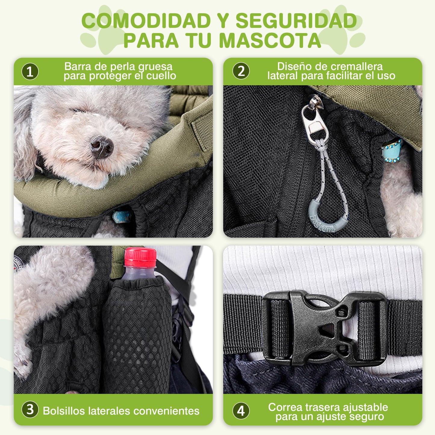 ALLSOPETS Mochila para Perros Pequeños y Medianos – Transportín Perro Ligero, Transpirable y Cómodo con Gancho de Seguridad, Manos Libres para Viaje Senderismo Exterior (Verde Oliva, M)