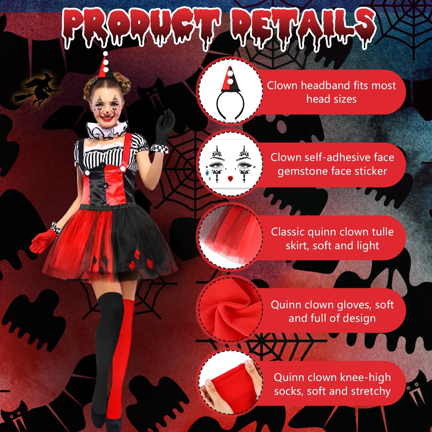 Disfraz Payaso Mujer Halloween, 5 pcs Diadema Arlequin Gemas Faciales Guantes Calcetines Altos Falda Tutú, Clown Costume Disfraz Arlequin Mujer Disfraces Halloween Carnaval Carnaval Fiesta de Cosplay