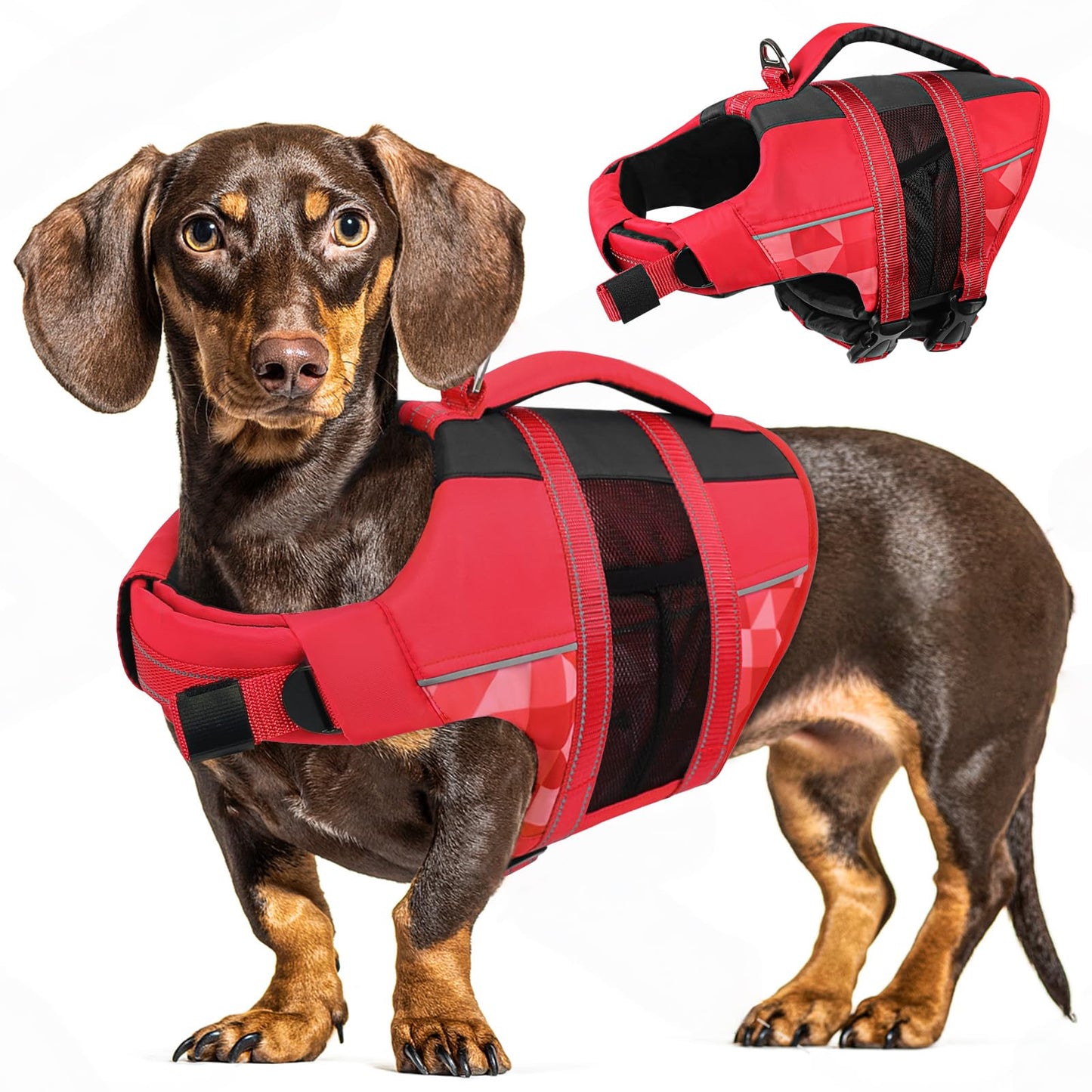 Chalecos Aalvavidas para Perros, Flotador Ajustable para Mascotas con Asa, Traje de Baño de Seguridad para el Agua para Navegar en la Piscina de la Playa, Rojo, M