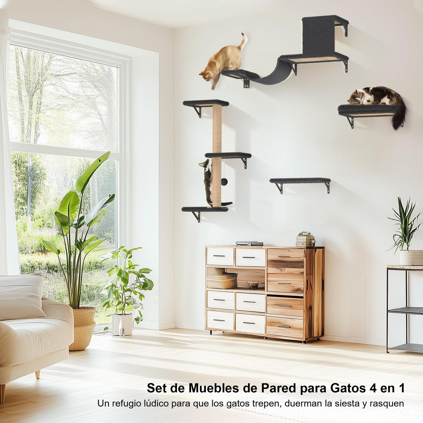 FUKUMARU Set de Pared de Escalada para Gatos, 4 Piezas - Estanterías de Pared, Hechas de Placas Multicapa Fuertes, Puente para Gatos, Árbol para Gatos, Escaleras para Gatos hasta 18 kg, Gris