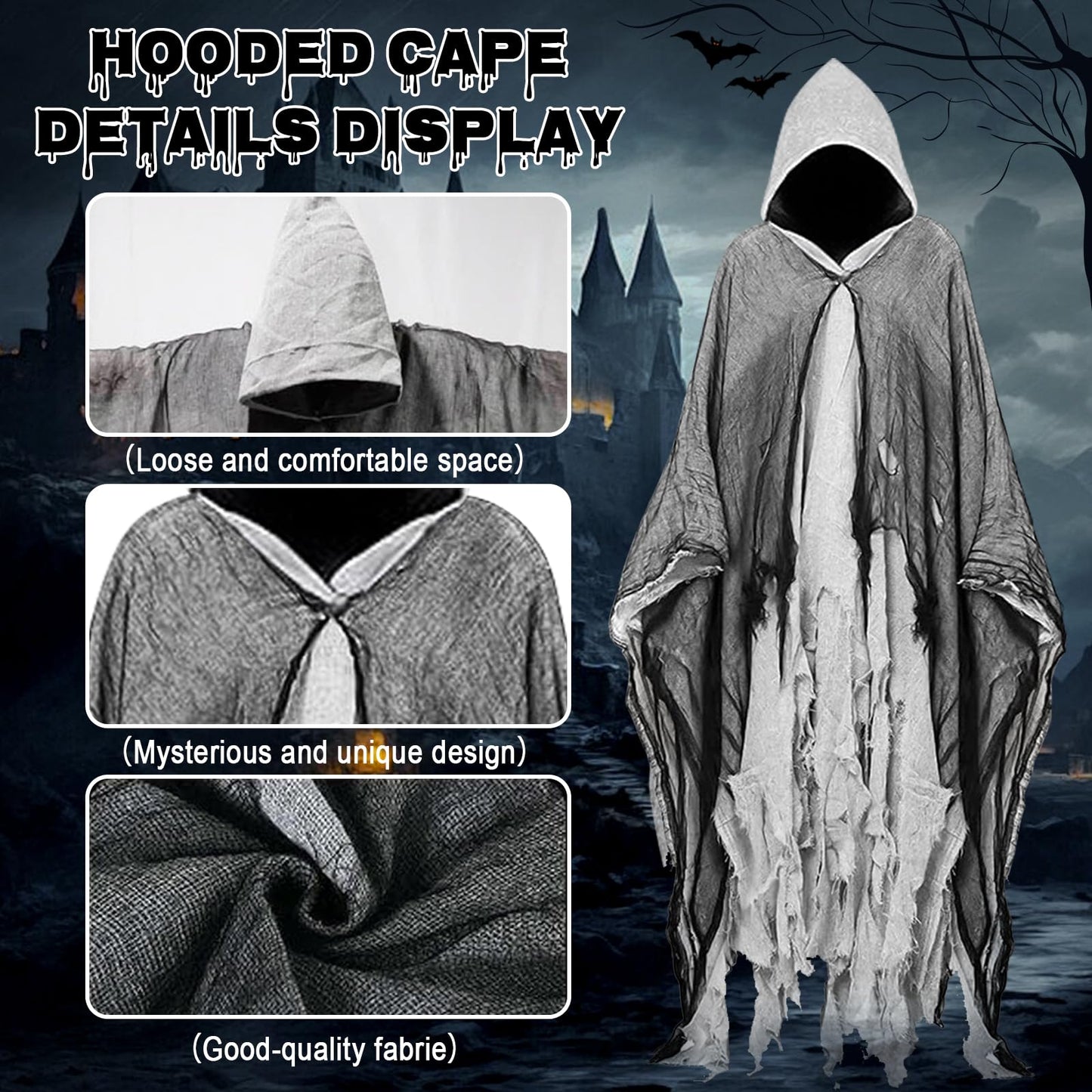 Disfraz Halloween Hombre Terror: Fantasma Costume Halloween Capa con Capucha - Disfraz Grim Reaper Bruja Fantasma para Adulto Hombre Mujer (Gris)
