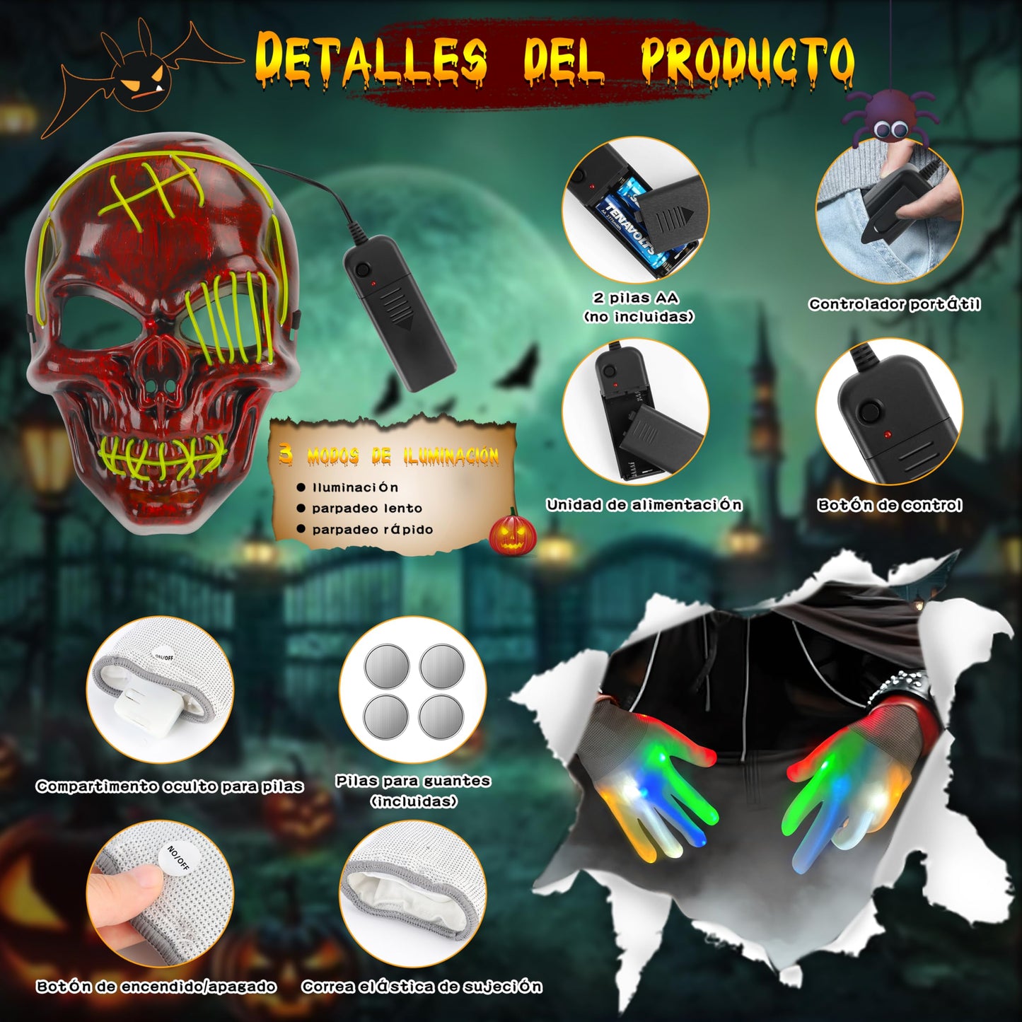 Disfraz Muerte Adulto, Disfraz Grim Reape con máscara de cráneo Guantes luminosos, Capa Negra con Capucha, Halloween Disfraz Hombre para Sensenmann Costume Cosplay Carnaval