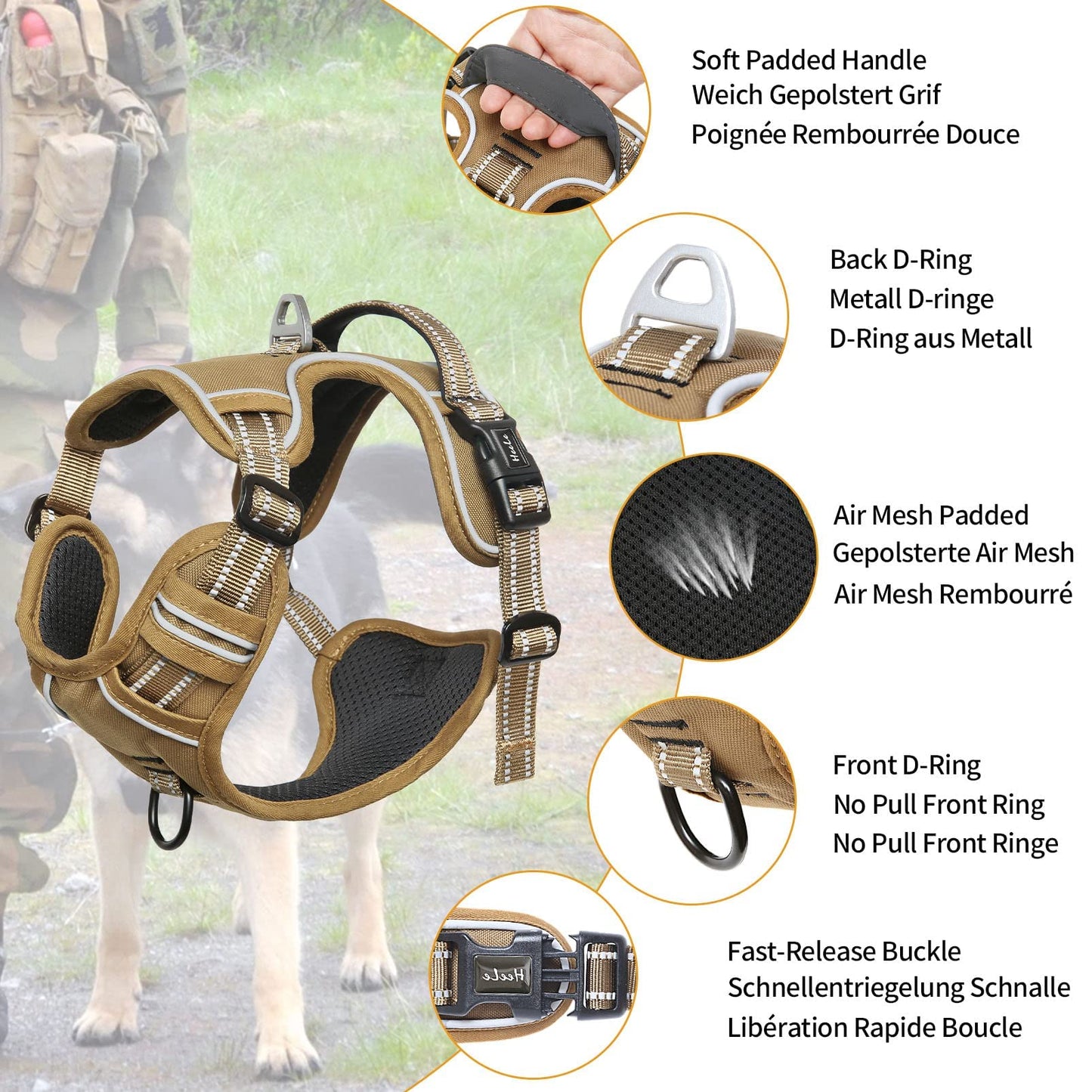 Arnes para Perro Arnes Anti Tirones Transpirable con Agarre Acolchado Arnés para Perros Reflectantes Ajustable Arnes Tipo Chaleco Acolchado Arnés para Perro Pequeños, Caqui, XS
