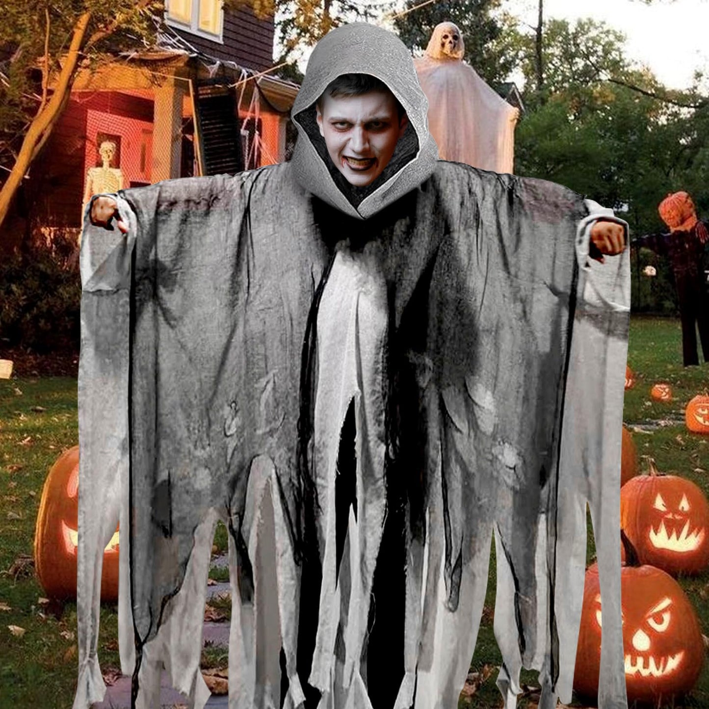 Disfraz Halloween Hombre Terror: Fantasma Costume Halloween Capa con Capucha - Disfraz Grim Reaper Bruja Fantasma para Adulto Hombre Mujer (Gris)