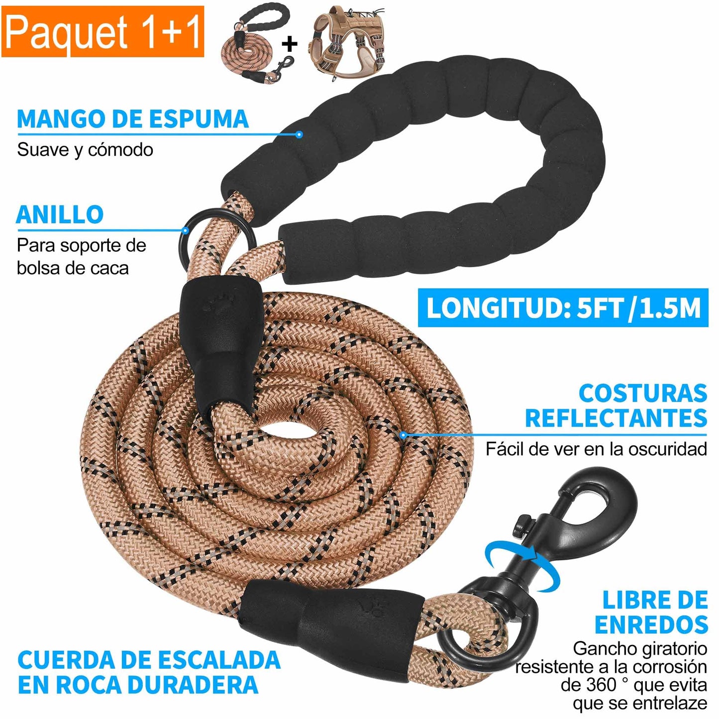 Arnés táctico resistente para perros grandes, arnés ajustable para mascotas, reflectante, de fácil control, arnés para perros de trabajo, grande, marrón