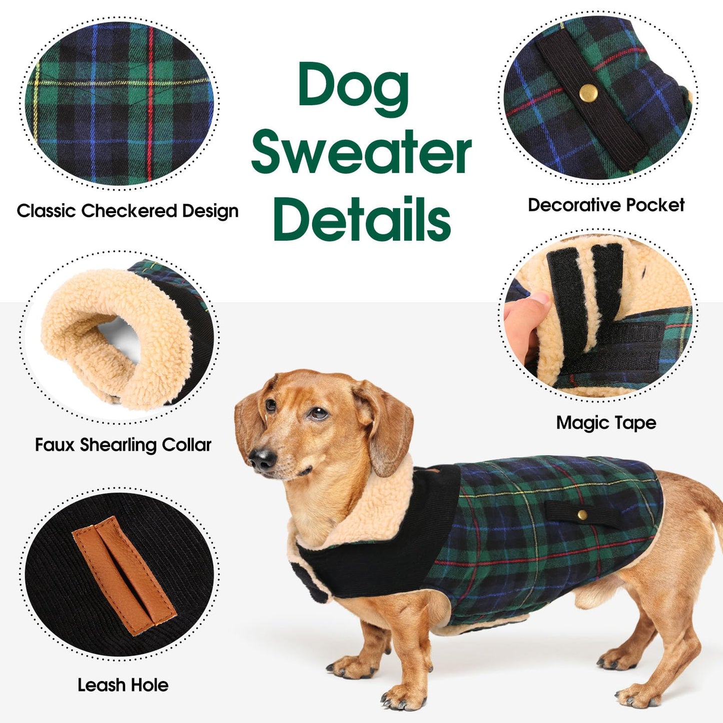 Abrigo para Perro Invierno - Chaleco Polar Grueso con Estampado Tartán, Ropa Cálida para Perros Pequeños/Medianos, Chaqueta Térmica Chihuahua o Teckel, Verde, XS