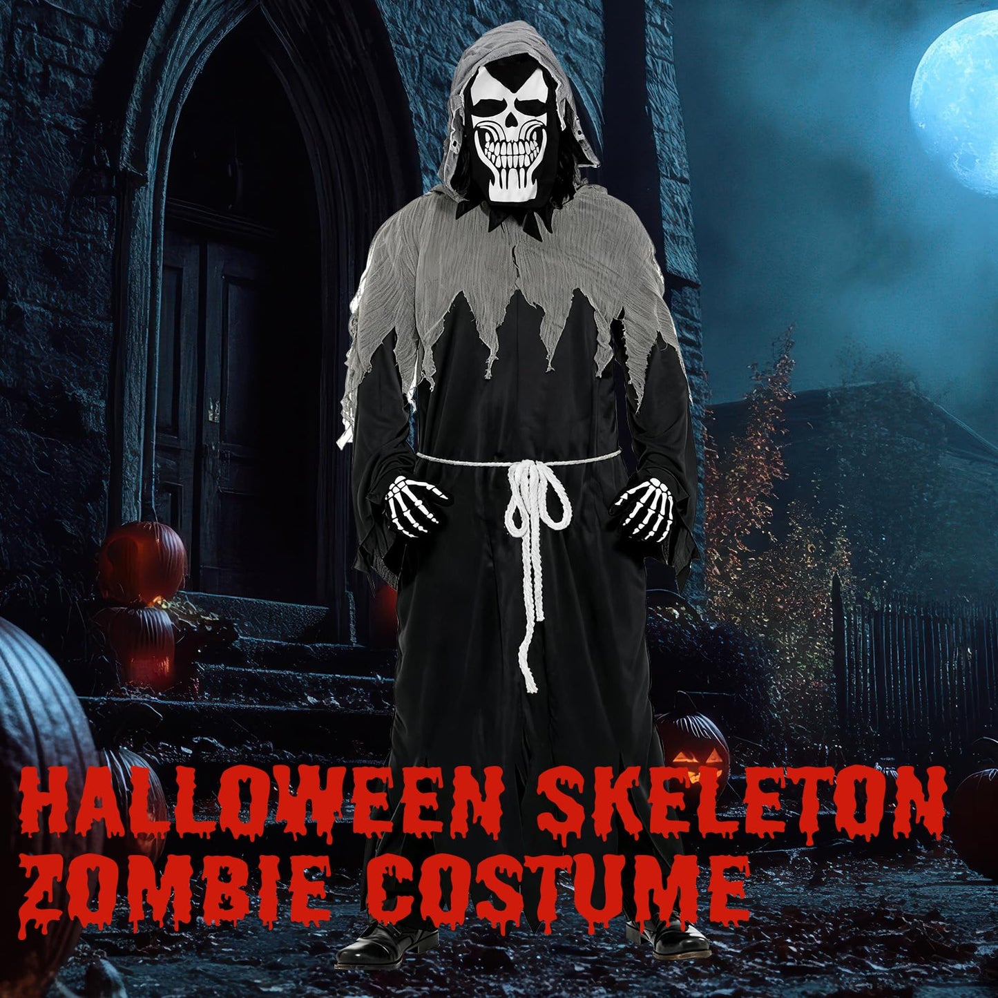 Disfraz Halloween De Adulto, Disfraces Costume Con Máscara De Calavera, Guantes, Disfraz Fantasma Adulto Con 30 Pegatinas Tatuaje Para Fiesta De Halloween y 165-185cm(XL)