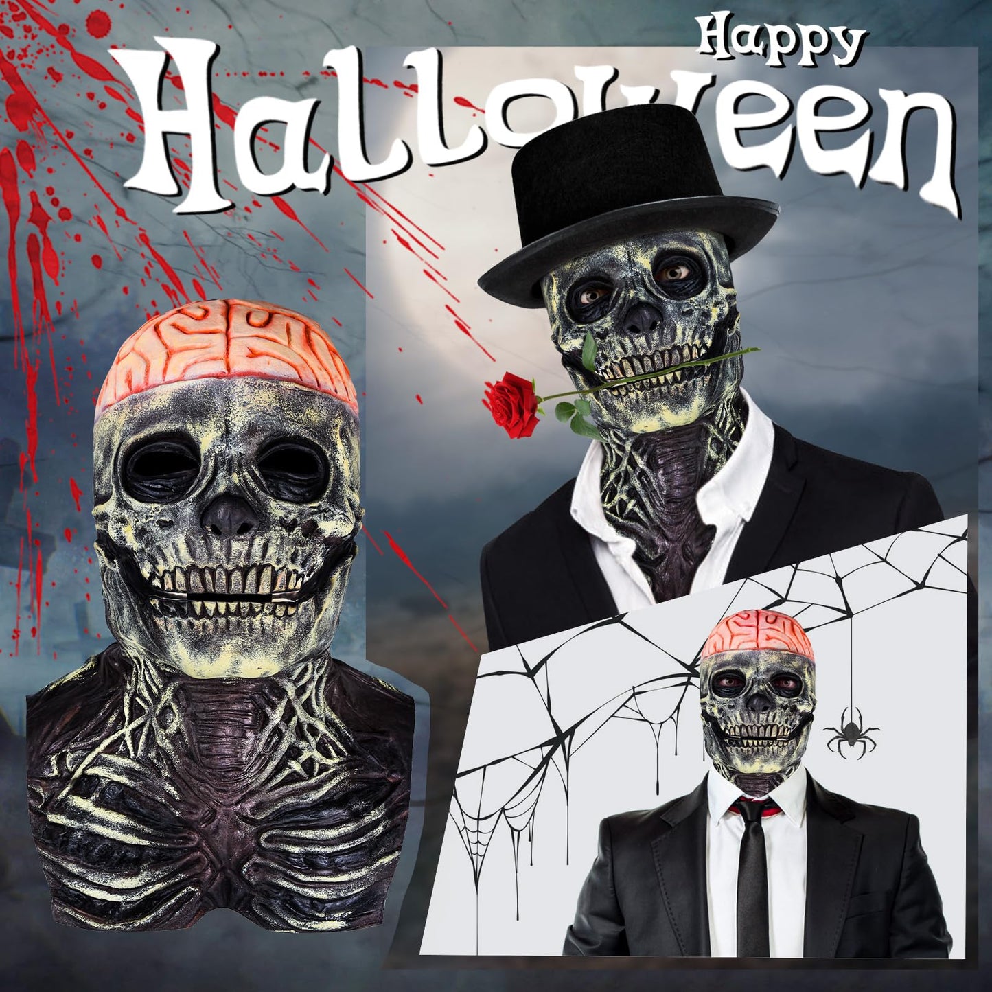 Disfraz Máscara de Calavera de Halloween, Casco de Esqueleto de Cabeza Completa, con Mandíbula Móvil, Máscaras de Terror Espeluznantes para Cosplays.