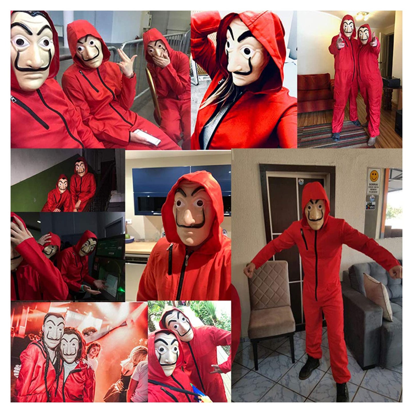 Disfraz Halloween Mono de Ladrón de Banco para Carnaval,Disfraz de Ladrón Mono Rojo de Manga Larga con Capucha,Conjunto de Cosplay Disfraces Máscara y Ametralladora,Disfraz de Carnival (Adult-S-160-170)