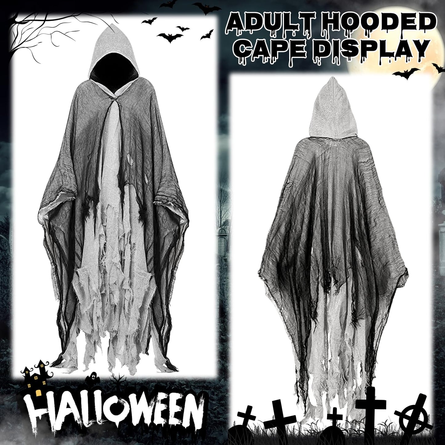 Disfraz Halloween Hombre Terror: Fantasma Costume Halloween Capa con Capucha - Disfraz Grim Reaper Bruja Fantasma para Adulto Hombre Mujer (Gris)