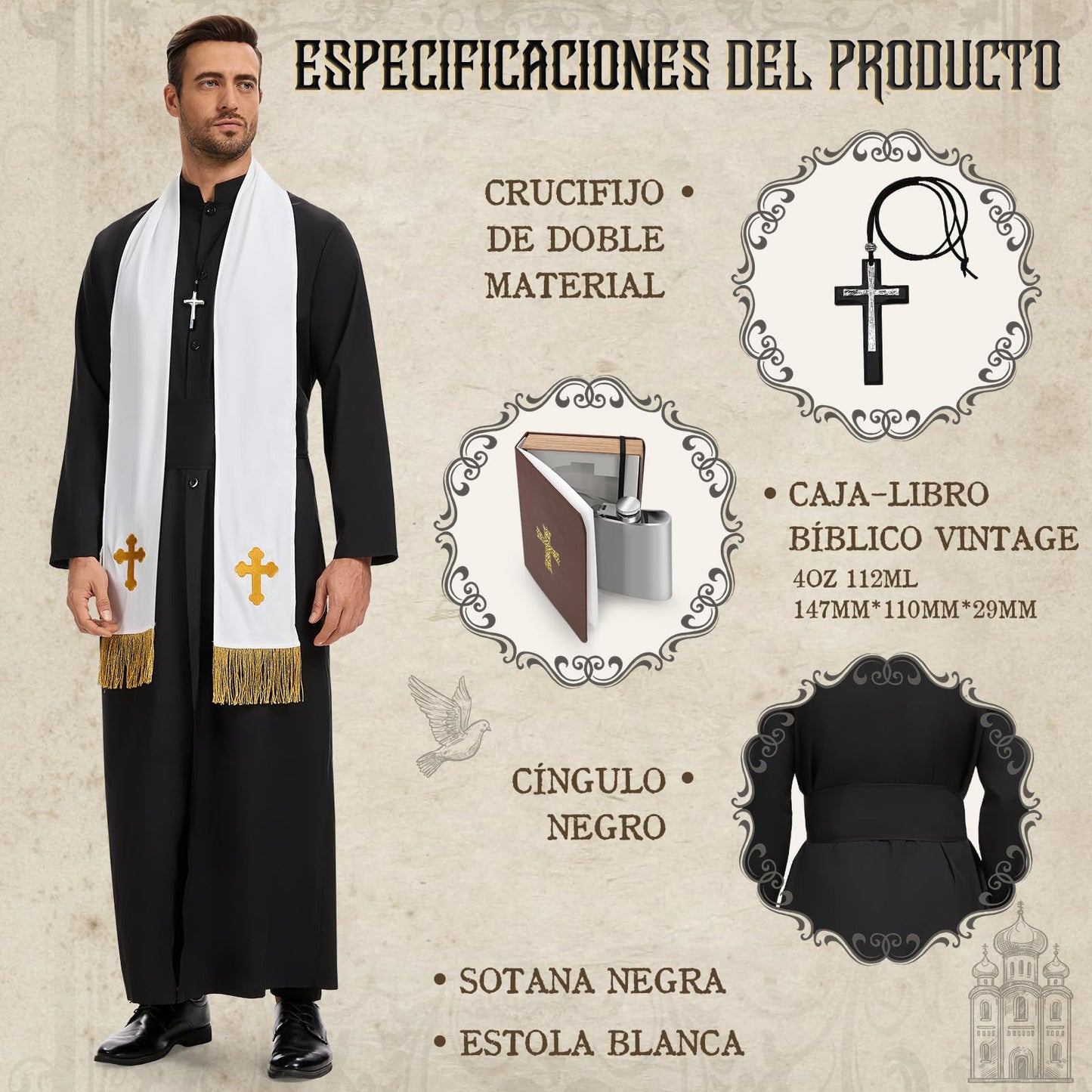Disfraz Cura Hombre, Disfraz Halloween Hombre Adulto, Disfraz de Cura Hombre con Estola, Cadena con Cruz, Cinturón y Caja para Guardar la Biblia para Halloween Carnaval Cosplay (L)