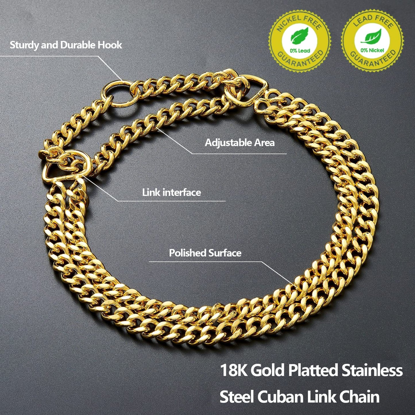 Collar de Perro de Acero Inoxidable de Oro de 18 Quilates, Ajustable, Collar de Perro de eslabones cubanos de Metal, a Prueba de masticación, Cadena de Doble Fila para Perros Grandes, pequeños y
