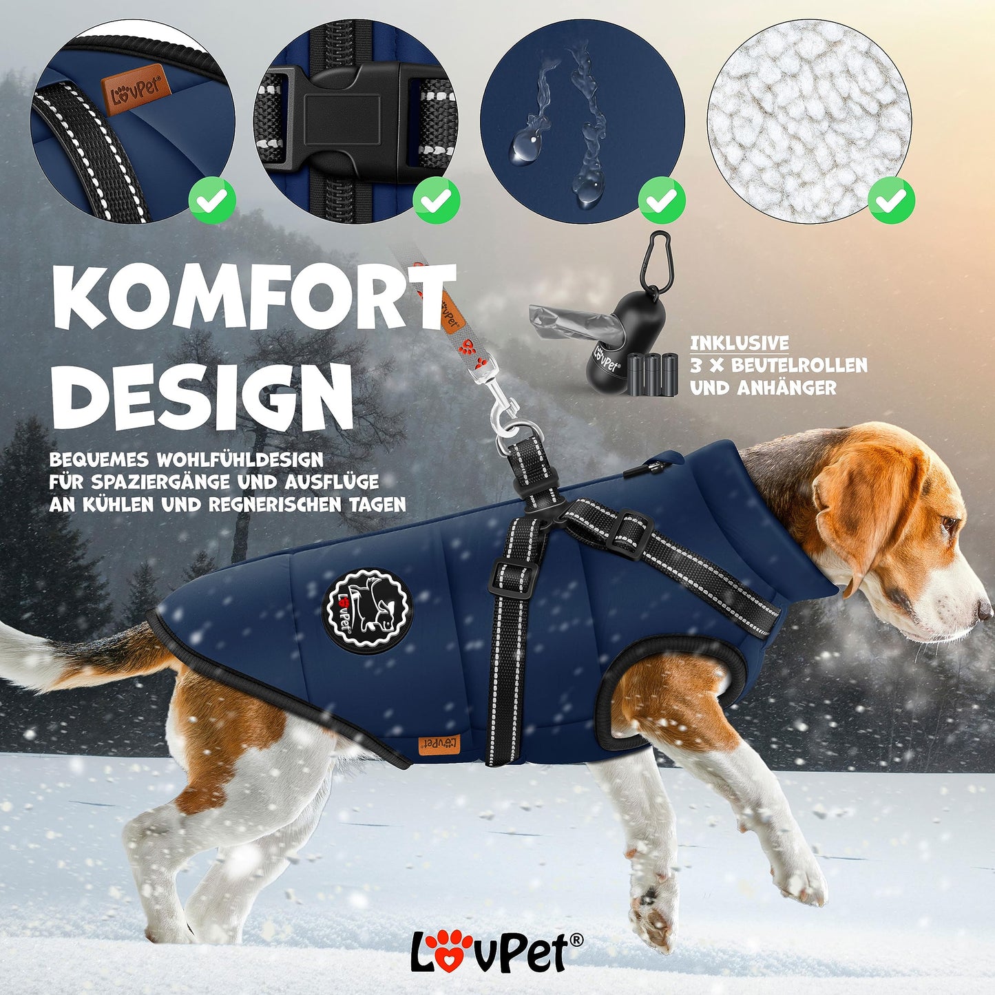 Abrigo Chaqueta para Perros con arnés, Incluye 45 Bolsas para excrementos + dispensador, Chaleco de Invierno para Perros, Forro Impermeable, Chaleco Acolchado con Correa para el Pecho, reflectores,