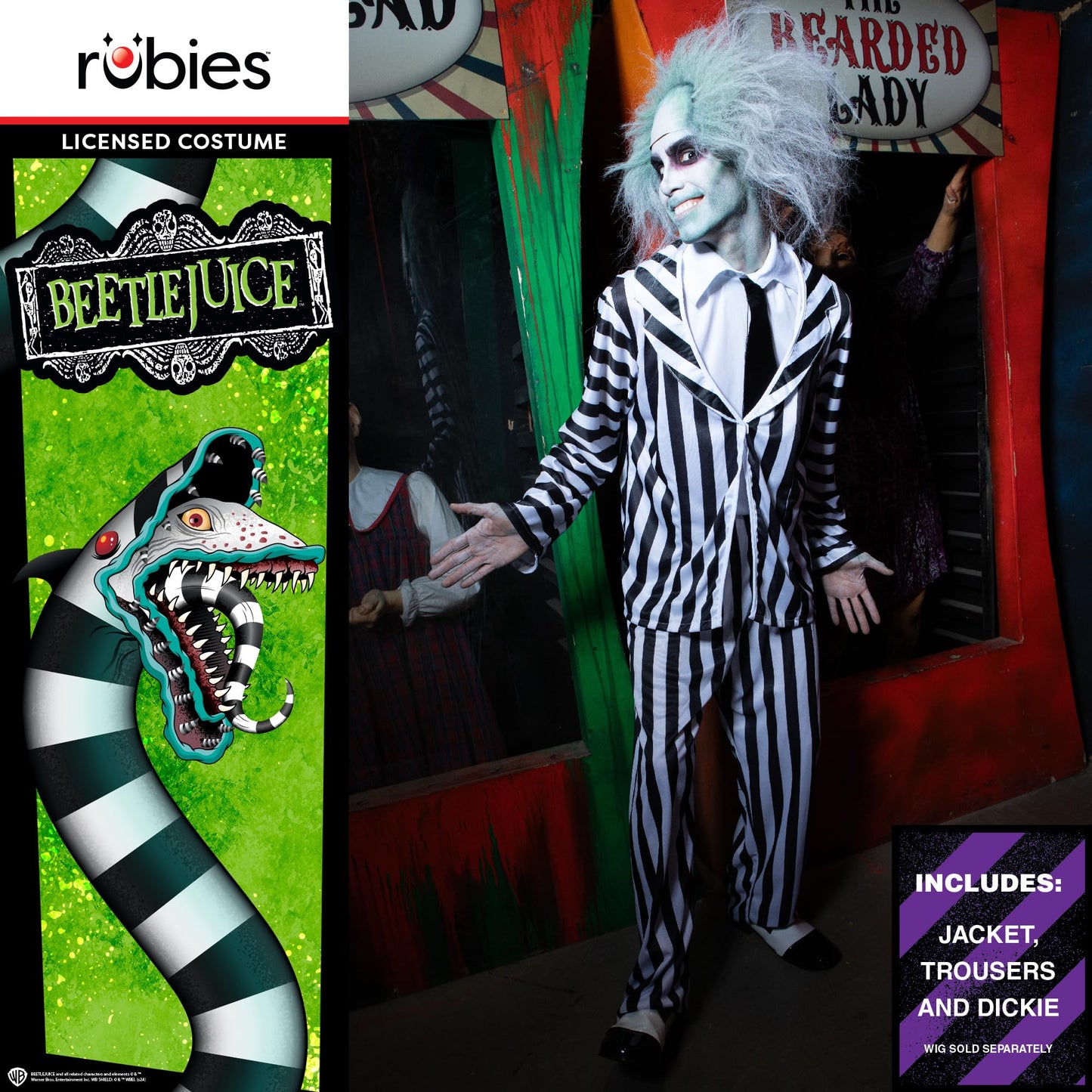 Disfraz Beetlejuice para hombre, Traje completo con chaqueta, pantalón y corbata, Licencia Oficial Beetlejuice, Talla Estándar, Terror, Tim Burton para Halloween, Carnaval, Fiestas y Cosplay