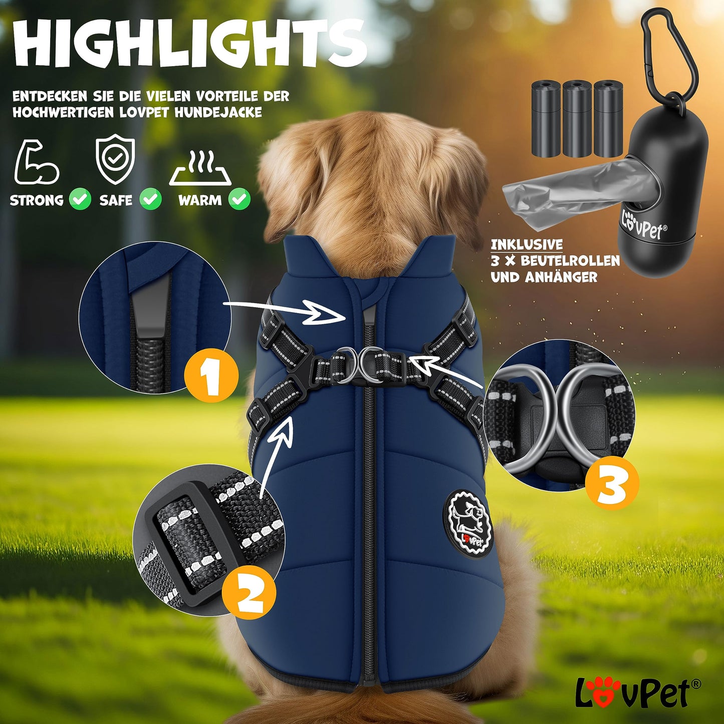 Abrigo Chaqueta para Perros con arnés, Incluye 45 Bolsas para excrementos + dispensador, Chaleco de Invierno para Perros, Forro Impermeable, Chaleco Acolchado con Correa para el Pecho, reflectores,