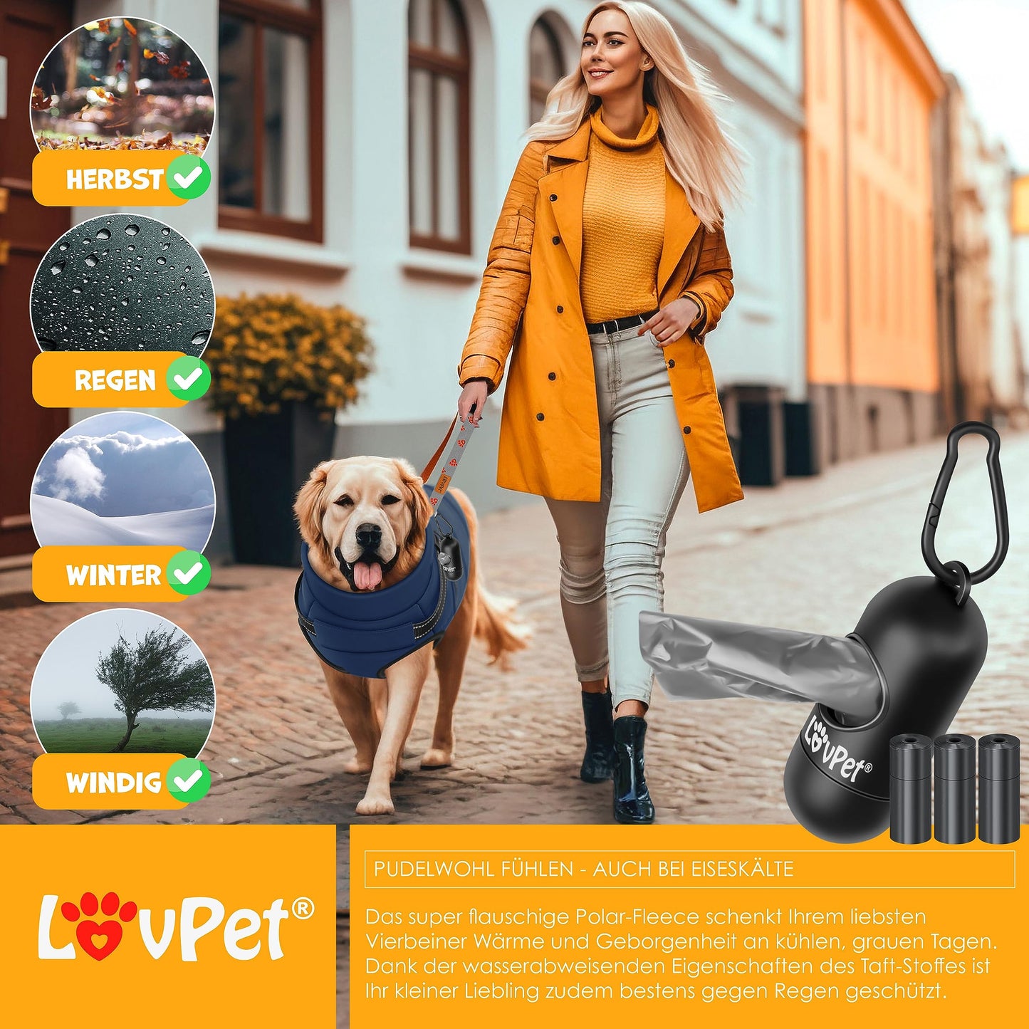 Abrigo Chaqueta para Perros con arnés, Incluye 45 Bolsas para excrementos + dispensador, Chaleco de Invierno para Perros, Forro Impermeable, Chaleco Acolchado con Correa para el Pecho, reflectores,