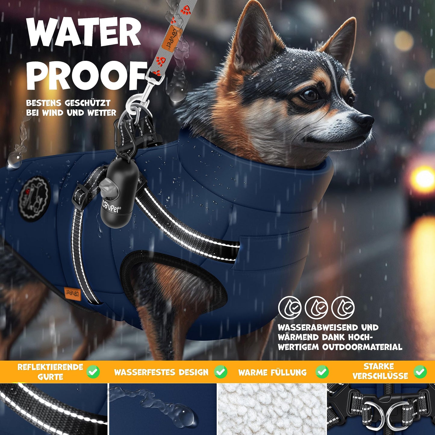 Abrigo Chaqueta para Perros con arnés, Incluye 45 Bolsas para excrementos + dispensador, Chaleco de Invierno para Perros, Forro Impermeable, Chaleco Acolchado con Correa para el Pecho, reflectores,