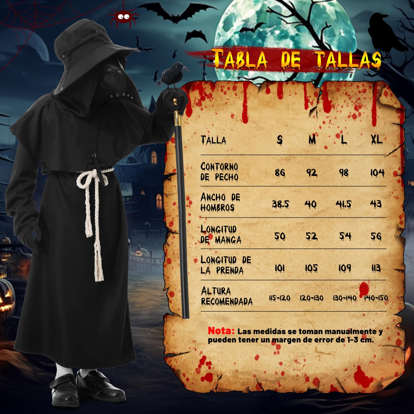 Disfraz Médico de la Peste para Niños, Medieval Plague Doctor Costume con Mascara de la Peste Negra, Disfraz de Halloween Carnaval Cosplay (150cm)