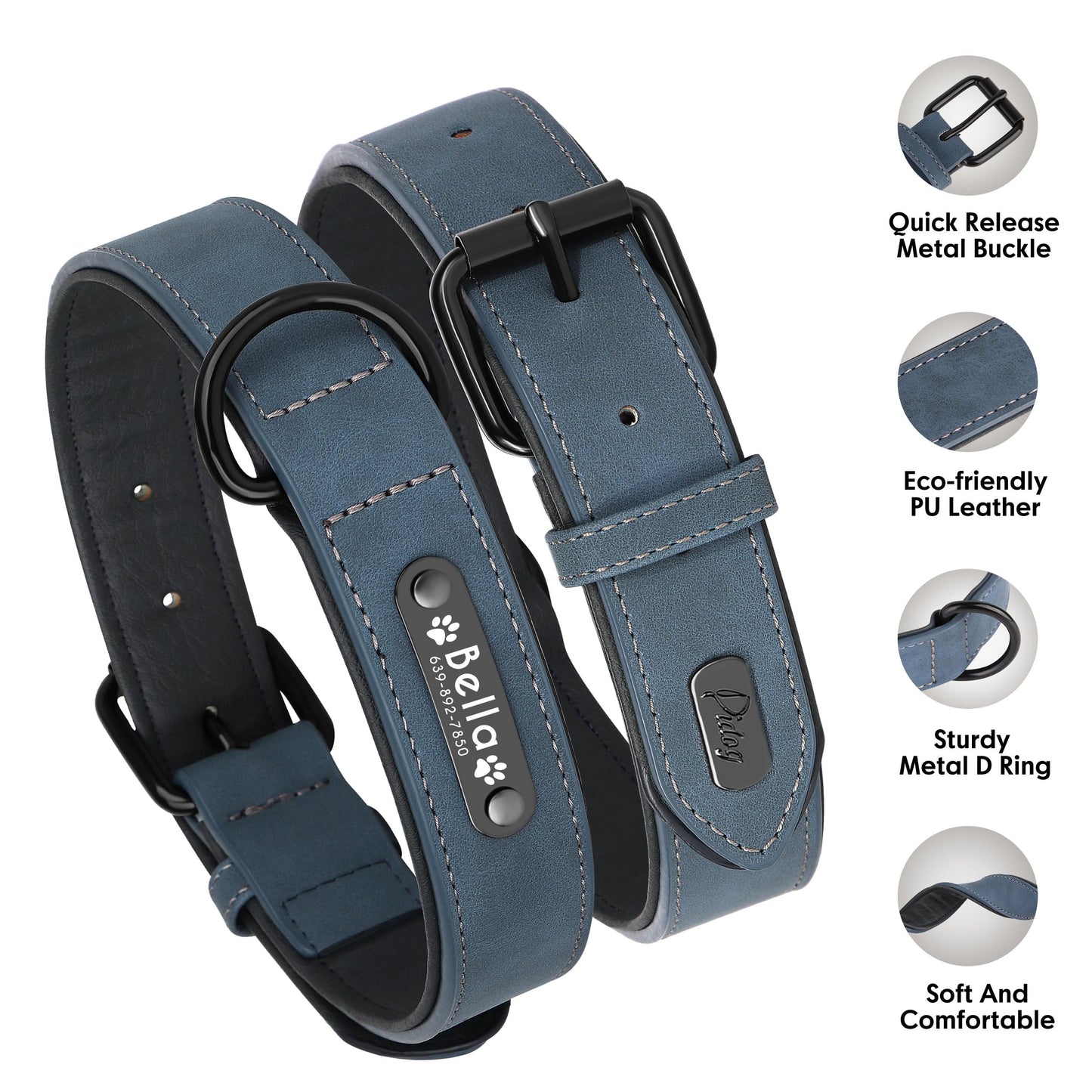 Collar de Piel Suave Acolchada Personalizable para Perro, Chapa de Nombre, Anilla en D, Collar Grabado para Perro, tamaños pequeño, Mediano y Grande