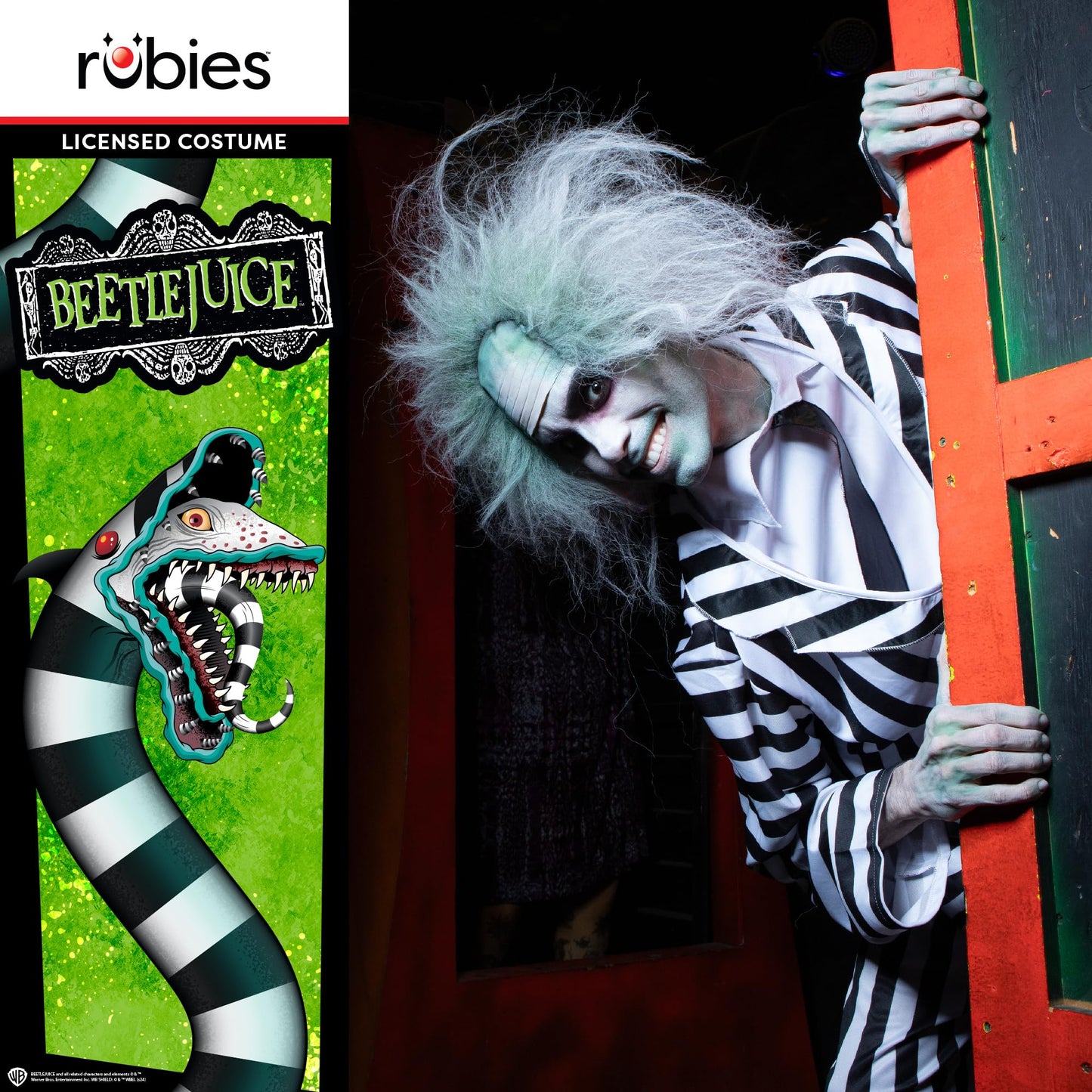 Disfraz Beetlejuice para hombre, Traje completo con chaqueta, pantalón y corbata, Licencia Oficial Beetlejuice, Talla Estándar, Terror, Tim Burton para Halloween, Carnaval, Fiestas y Cosplay