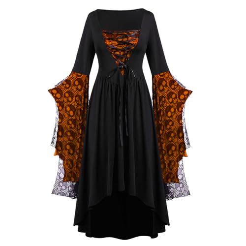 Disfraz de Halloween para Mujer | Vestido De Terror Halloween Para Mujer,Conjunto Renacentista Con Encaje Estampado De Calaveras Para Eventos De Disfraces Y Teatro