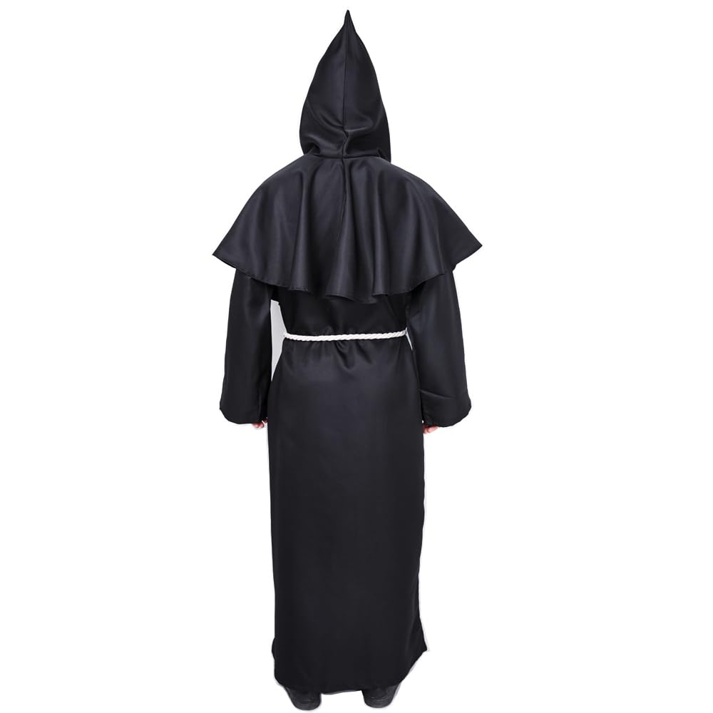 Disfraz de Monje Sacerdote Túnica Medieval Renacimiento Traje con Cruz para Halloween Carnaval (Negro, XL)