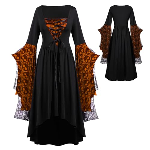 Disfraz de Halloween para Mujer | Vestido De Terror Halloween Para Mujer,Conjunto Renacentista Con Encaje Estampado De Calaveras Para Eventos De Disfraces Y Teatro