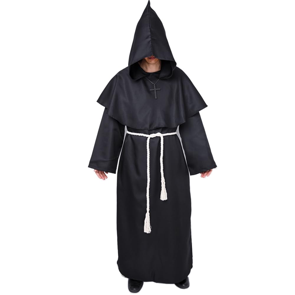 Disfraz de Monje Sacerdote Túnica Medieval Renacimiento Traje con Cruz para Halloween Carnaval (Negro, XL)