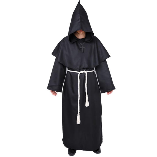 Disfraz de Monje Sacerdote Túnica Medieval Renacimiento Traje con Cruz para Halloween Carnaval (Negro, XL)