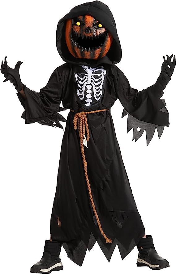 Disfraz de espantapájaros y calabaza para niño de Halloween con cabeza de calabaza para cosplay y juegos de rol (extragrande (12-14 años))