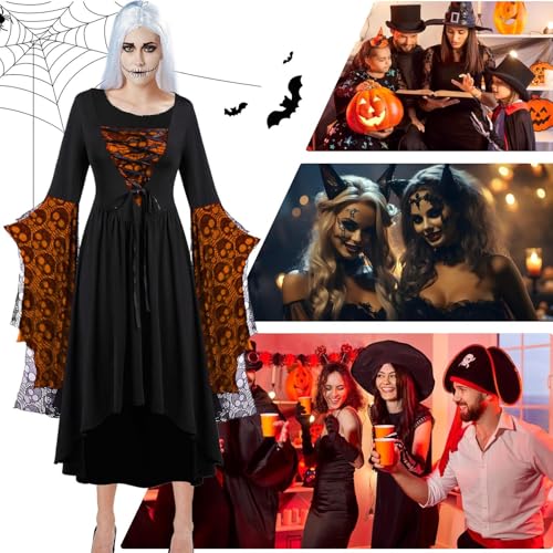 Disfraz de Halloween para Mujer | Vestido De Terror Halloween Para Mujer,Conjunto Renacentista Con Encaje Estampado De Calaveras Para Eventos De Disfraces Y Teatro