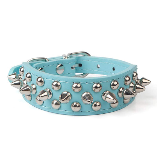 Collar de Cuero para Perro Con Pinchos y Tachuelas Ajustables (S, Azul)