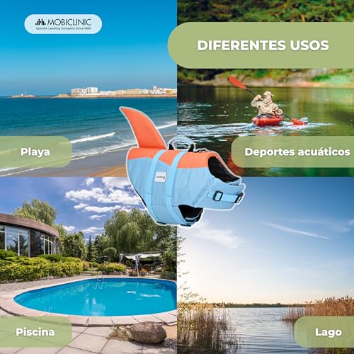 Chaleco Salvavidas Perro, Diseño Aleta Tiburón, Asa de Rescate, Arnés Ajustable, Anillo para Correa, Alta Flotabilidad y Visibilidad, Sharky, Ligero, Nadar, Surf, Navegar