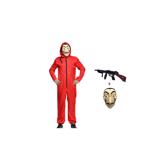 Disfraz Halloween Mono de Ladrón de Banco para Carnaval,Disfraz de Ladrón Mono Rojo de Manga Larga con Capucha,Conjunto de Cosplay Disfraces Máscara y Ametralladora,Disfraz de Carnival (Adult-S-160-170)