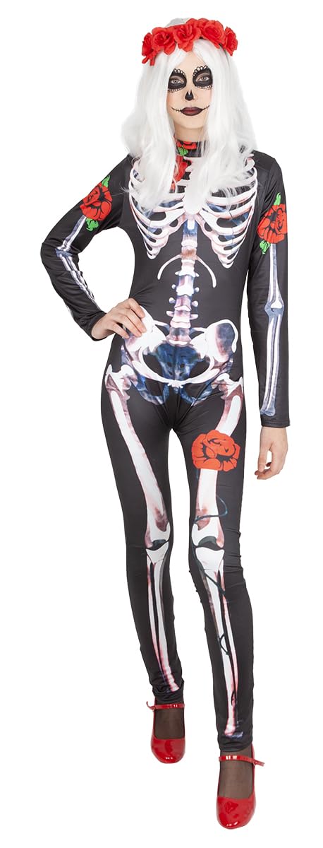 Disfraz Catrina Skelita Rosas para mujer, Mono estampado esqueleto y diadema de flores, Licencia Oficial, Día de los Muertos, Halloween, Fiestas