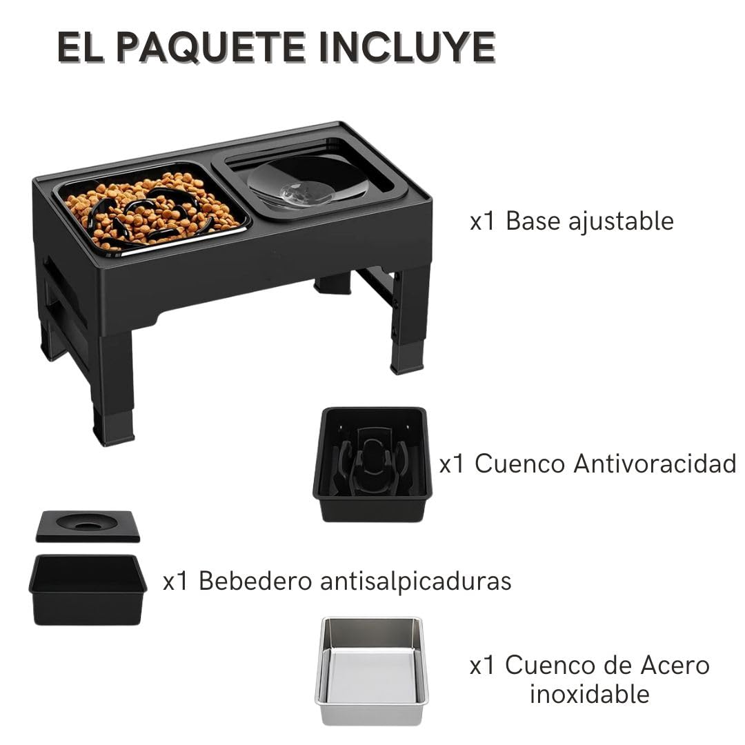 NOOGUI - Comedero Perro Elevado - Altura Ajustable 10-31 cm - Cuenco Antivoracidad, Acero Inoxidable y Bebedero Antisalpicaduras - Antideslizante, Plegable y Facíl de Limpiar