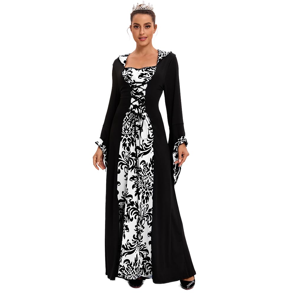 Feynman Ropa gótica para mujer, vestido medieval estilo vintage largo hasta el suelo, vestido de princesa renacentista, cintura sujeta y capucha. Para cosplay, fiesta, Halloween, carnaval